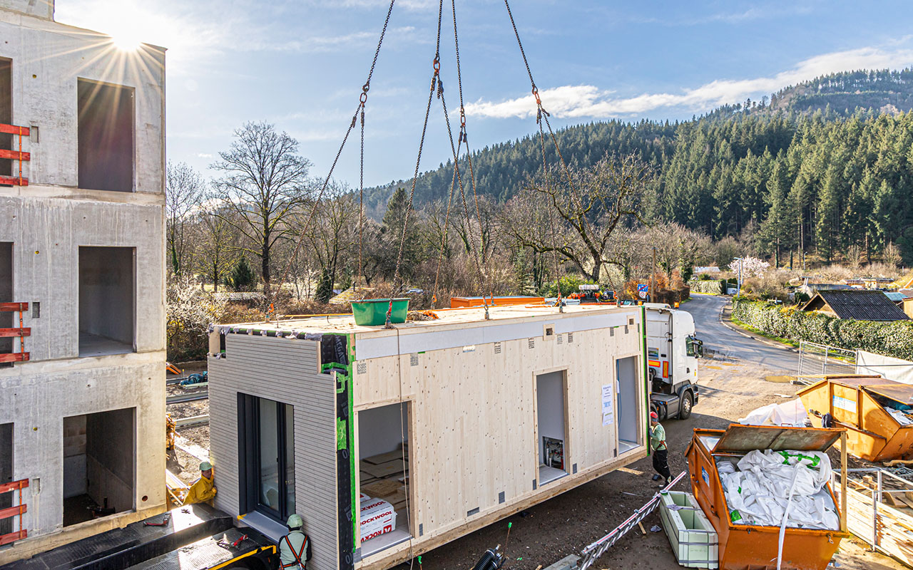 Holzmodul beim Transport mit dem Kran