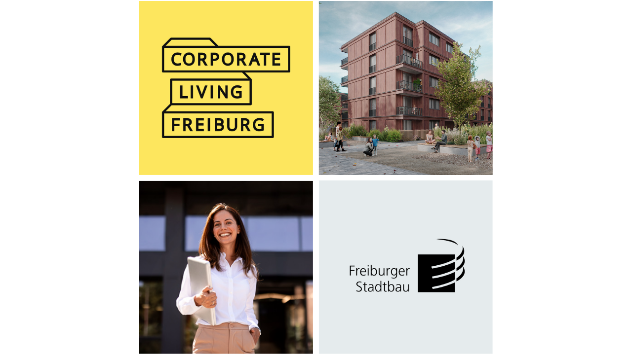 Es ist eine Darstellung mit vier Kacheln: Das 1. Bild ist das Logo von Corporate Living Freiburg, das 2. Bild ist eine Visualisierung vom Bauprojekt Elefantenweg, das 3. Bild ist eine Frau im Business-Look und das letzte Bild ist das Logo von der FSB