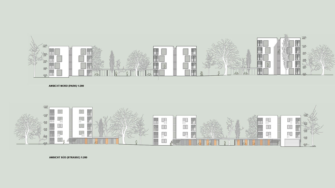 Verschiedene Ansichten der Wohngebäude aus Richtung Straße und Park