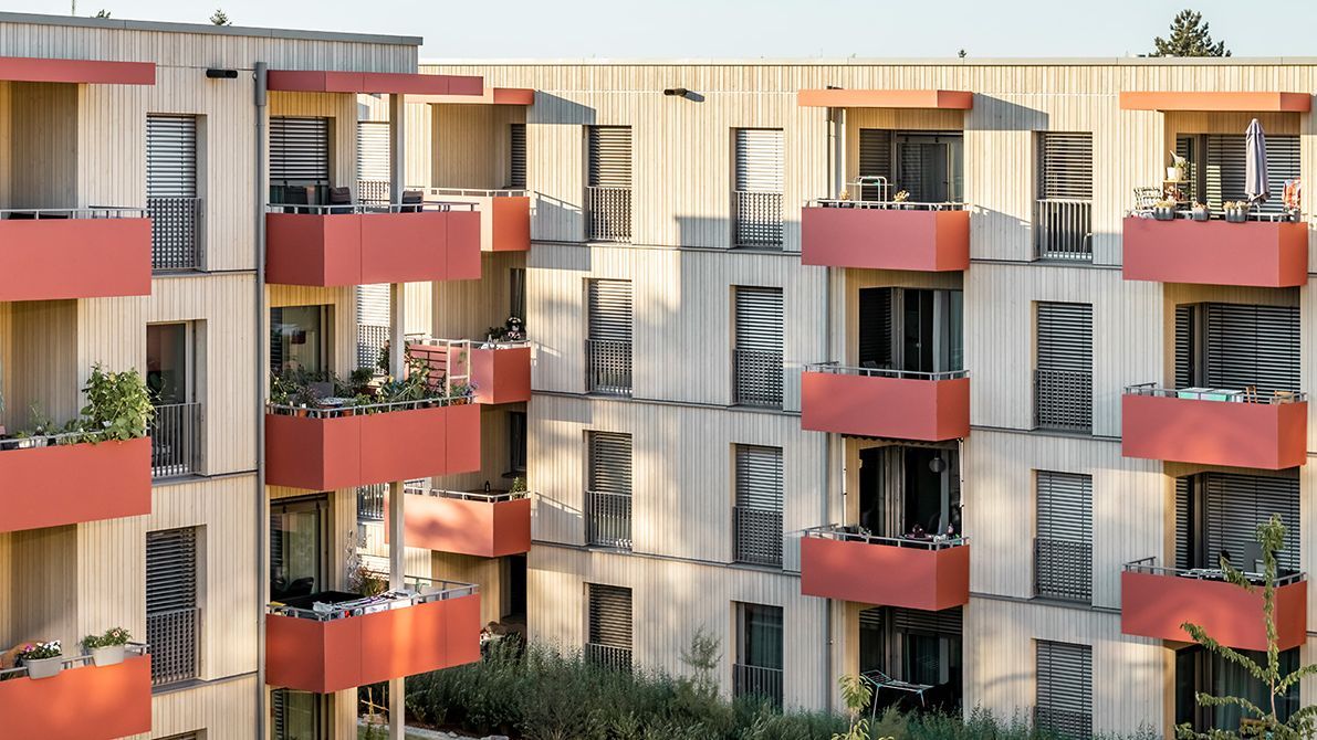 Ansicht der Wohngebäude aus Holz im Schildacker